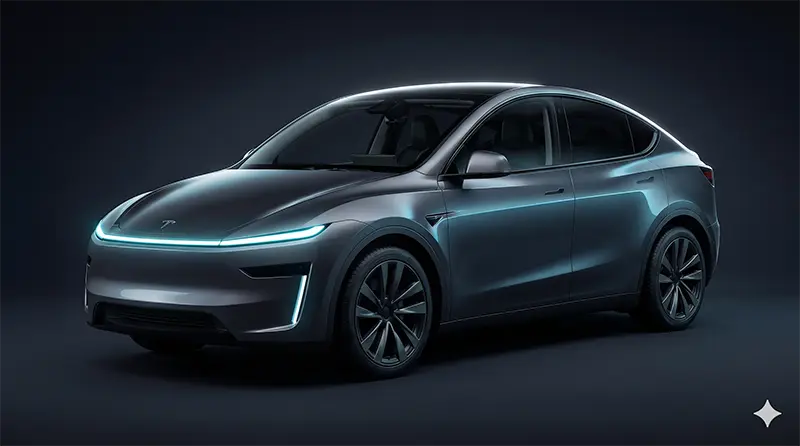 Studio hero shot of Tesla Model Y Juniper at 3/4 front angle with full-width LED light bar and sculpted body