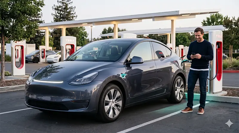 Tesla Model Y Juniper charging at Supercharger station with CCS1 cable connected and user checking phone