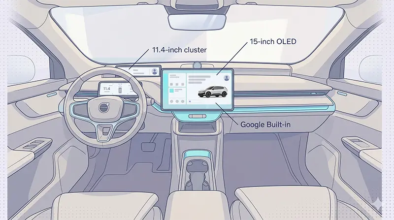Wide interior of Volvo EX60 featuring 11.4-inch digital cluster and 15-inch curved OLED display in minimalist design