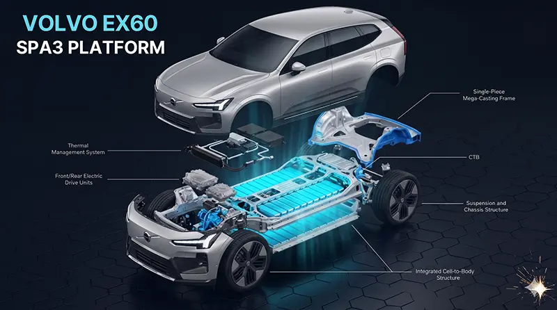 Isometric exploded view of Volvo EX60 SPA3 platform showing Cell-to-Body structure with mega-casting rear frame highlighted