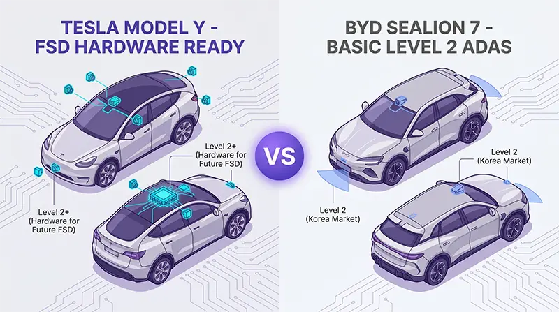 Conceptual illustration comparing Tesla Model Y FSD hardware-ready system with BYD Sealion 7 basic Level 2 ADAS through sensor layout and capability level visualization