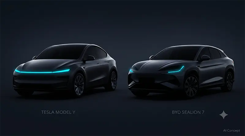 Side-by-side silhouette reveal of Tesla Model Y and BYD Sealion 7 with only their signature LED lighting elements illuminated, expressing distinct design identities [AI Concept]