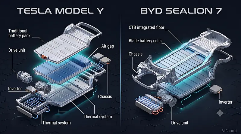 Isometric exploded view comparing Tesla Model Y traditional battery pack structure with BYD Sealion 7 CTB cell-to-body integrated architecture in technical illustration format [AI Concept]