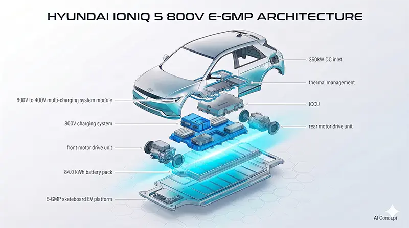 Exploded isometric view of IONIQ 5 with 800V architecture, 84 kWh battery pack, and dual motor layout [AI Concept]