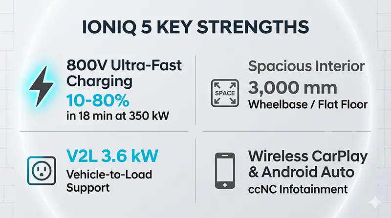 Infographic summary of IONIQ 5 key strengths: 800V fast charging, spacious interior, V2L 3.6 kW, wireless connectivity