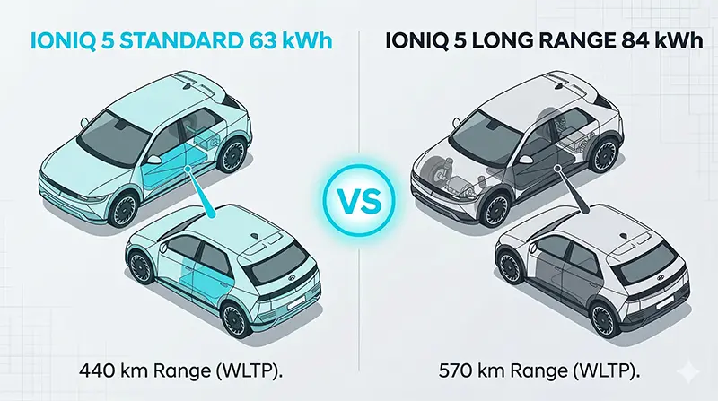 Split-screen comparison of IONIQ 5 Standard 63 kWh and Long Range 84 kWh showing battery, WLTP range, and drivetrain