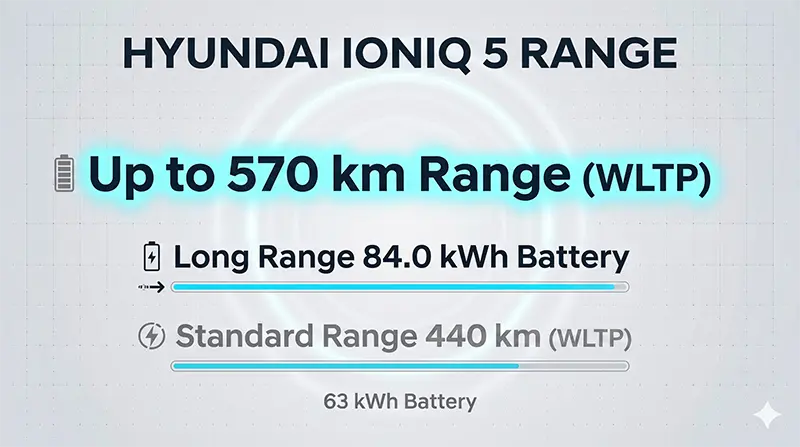 IONIQ 5 range infographic showing Long Range 570 km and Standard 440 km under WLTP with battery capacity
