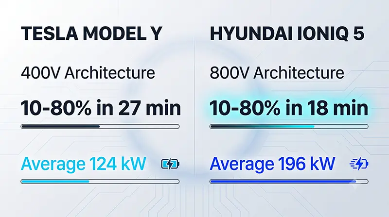 EV charging speed infographic comparing Tesla Model Y and Hyundai Ioniq 5 DC fast charging times and range