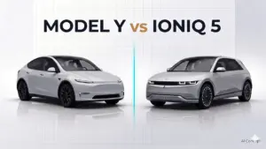 Split-screen comparison banner featuring Tesla Model Y and Hyundai Ioniq 5 electric SUVs side by side [AI Concept]