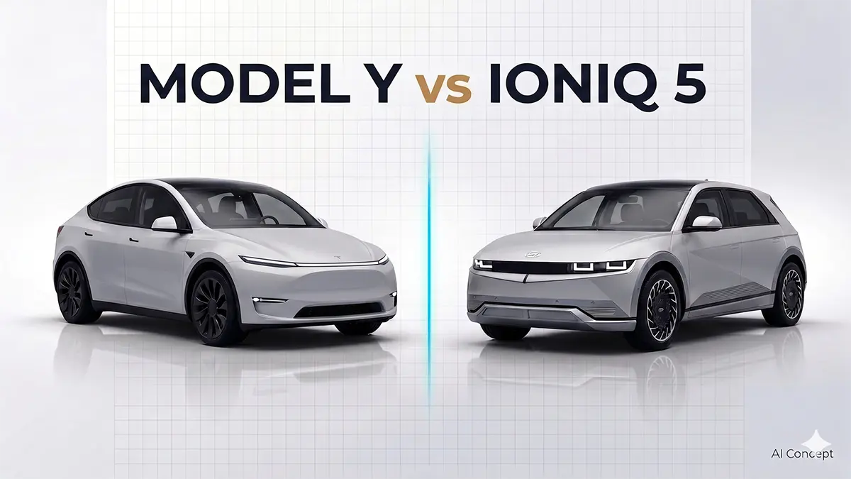 Split-screen comparison banner featuring Tesla Model Y and Hyundai Ioniq 5 electric SUVs side by side [AI Concept]