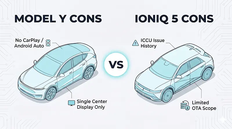Split-screen illustration comparing disadvantages of Tesla Model Y and Hyundai Ioniq 5 in clean layout