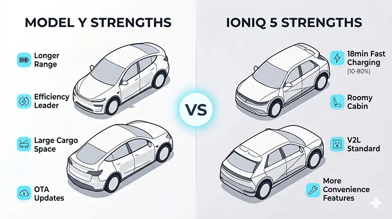 Clean comparison illustration highlighting key advantages of Tesla Model Y and Hyundai Ioniq 5 side by side