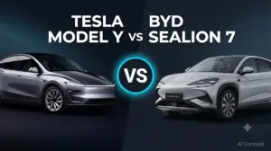 Side-by-side comparison marketing banner featuring Tesla Model Y and BYD Sealion 7 electric SUVs with central VS graphic highlighting their distinct design philosophies [AI Concept]