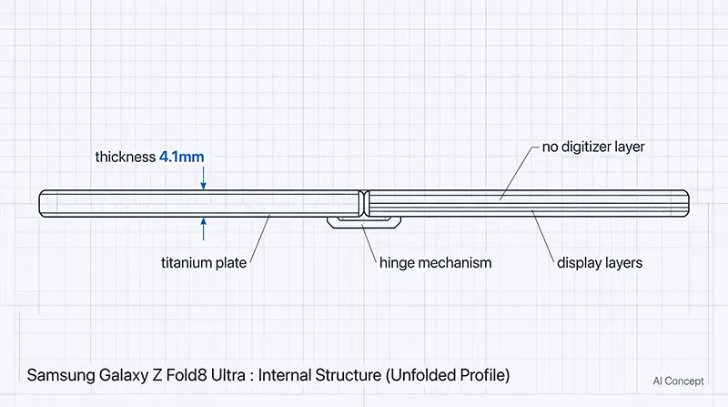 Technical blueprint revealing the 4.1mm thickness cross-section of the Fold8 Ultra and the absence of a digitizer layer [AI Concept]