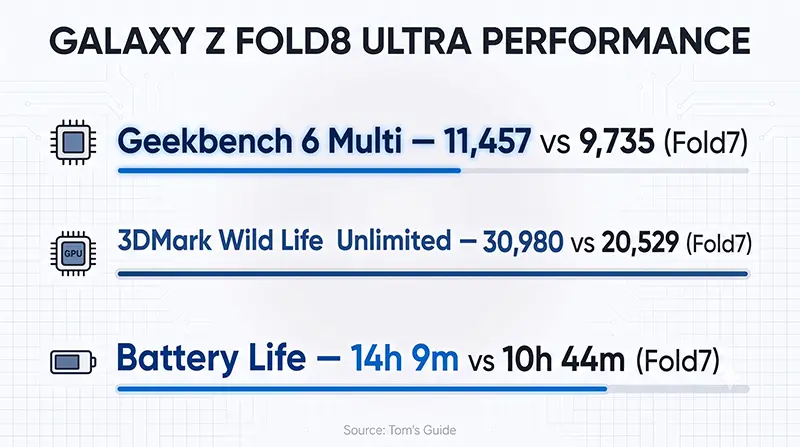 Performance infographic comparing Geekbench 6 Multi scores and 3DMark graphics performance between Fold8 Ultra and Fold7