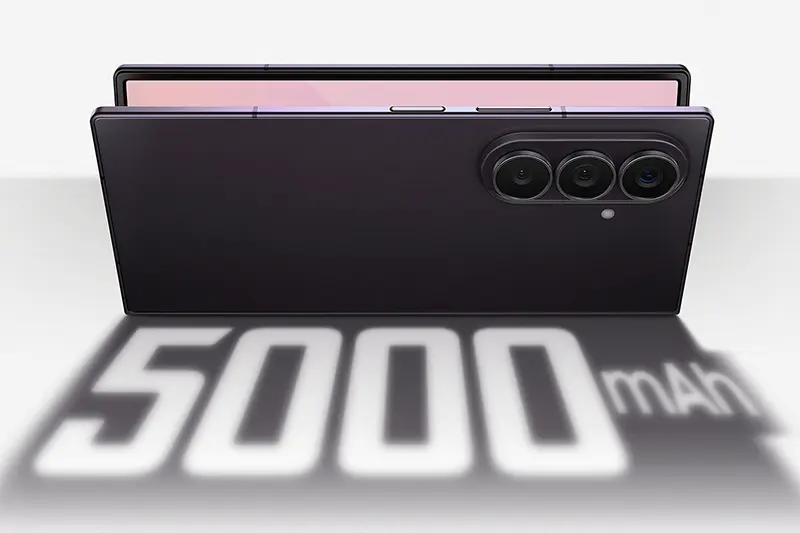 Rear view of the Galaxy Fold8 Ultra in folded state emphasizing the 5,000mAh battery capacity with marketing overlay