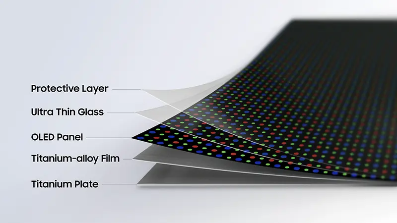 Exploded layer diagram revealing the Flex Titanium structure of the Galaxy Z Fold8 Ultra display assembly