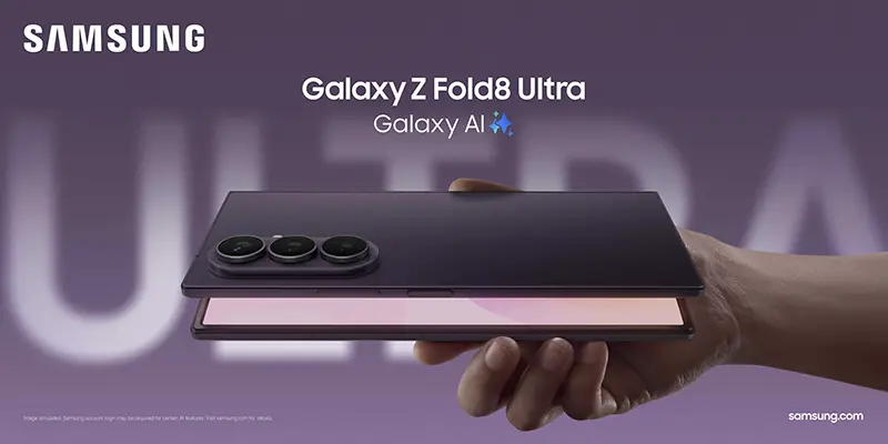 Hands-on shot showing the Galaxy Z Fold8 Ultra being held in unfolded state with display powered on