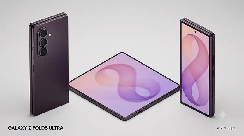 Stylized isometric illustration depicting both unfolded and folded states of the Galaxy Fold8 Ultra in a unified composition [AI Concept]