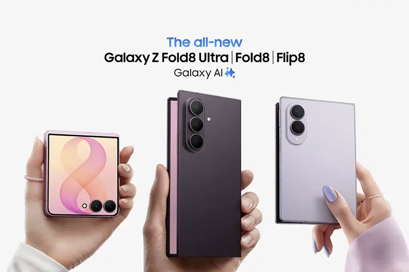 Lifestyle shot comparing three devices held in hands: Galaxy Fold8 (wide), Flip8, and Fold8 Ultra