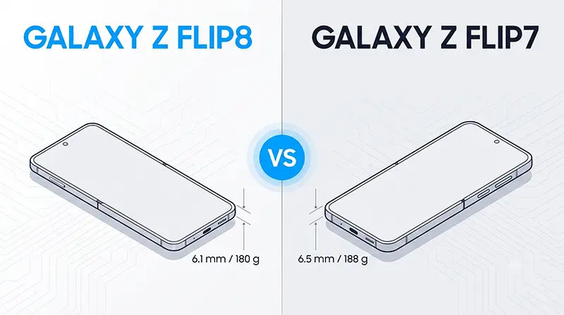Side-profile illustration comparing Galaxy Z Flip8 vs Flip7, marking 6.1 mm against 6.5 mm unfolded and 180 g against 188 g