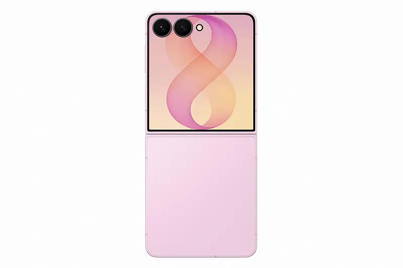 Flat rear view of the fully unfolded device, exposing the Galaxy Z Flip8 camera pair and flash beside the upper cover screen