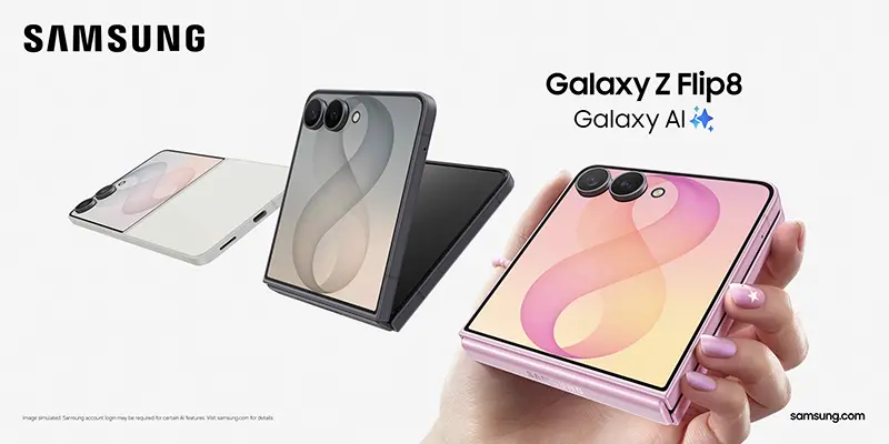 Three forms in one frame — folded rear, half-open flex mode and a unit in hand — framing what the Galaxy Z Flip8 price buys