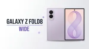 Marketing banner with the lavender Galaxy Fold8 Wide unfolded flat beside a headline set on the left