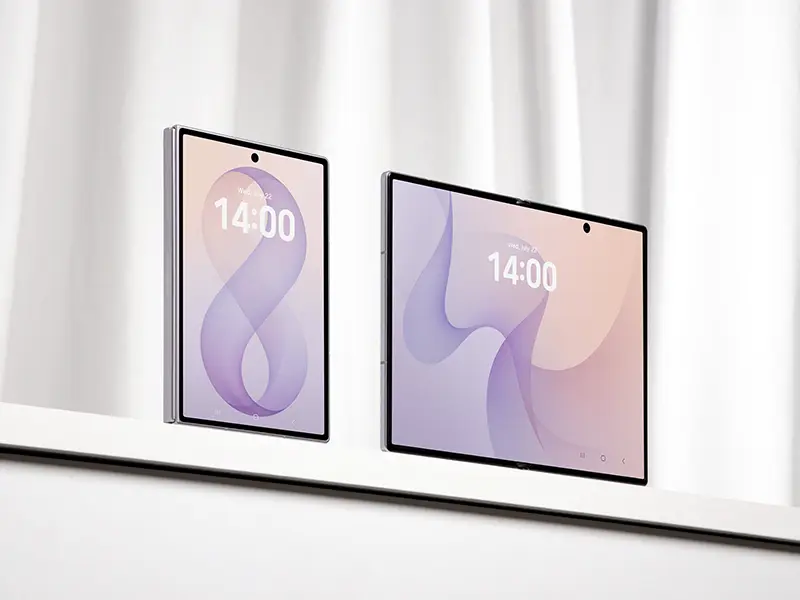 Two Galaxy Fold8 Wide units with screens on, contrasting the 10:16 cover and the 4:3 main display