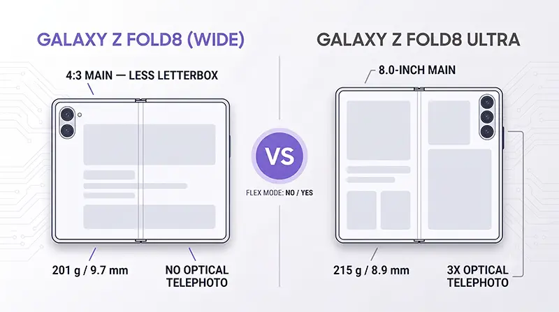 Split chart of Galaxy Fold8 Wide vs Ultra differences, a wide 4:3 two-lens panel beside a squarer three-lens one