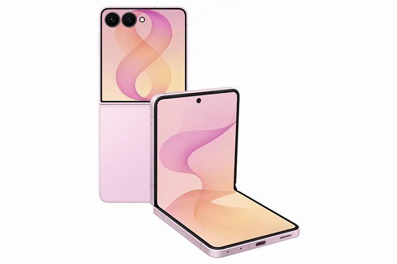 Galaxy Z Flip8 specs shot in pink, pairing the folded cover screen with the opened main display in one frame for size contrast