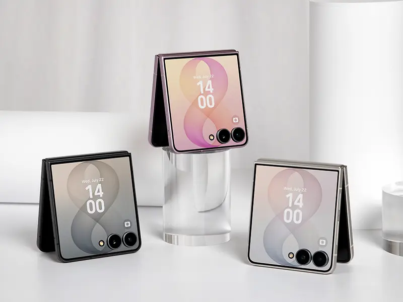 Three Galaxy Z Flip8 units in graphite, pink and cream standing half-folded on a studio table with their cover screens lit