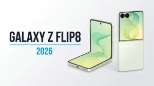 Marketing banner showing the Galaxy Z Flip8 in mint, folded and partially opened side by side with the model name in bold type