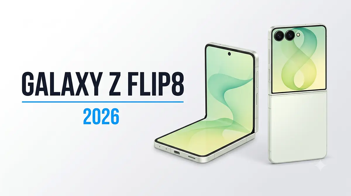 Marketing banner showing the Galaxy Z Flip8 in mint, folded and partially opened side by side with the model name in bold type