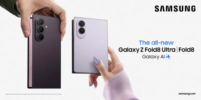 Dark purple Ultra and lavender Wide held in separate hands behind the Galaxy Z Fold8 Wide price gap