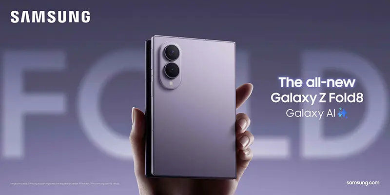 Folded Galaxy Z Fold8 Wide held in one hand, showing its oval camera housing and 201 g weight