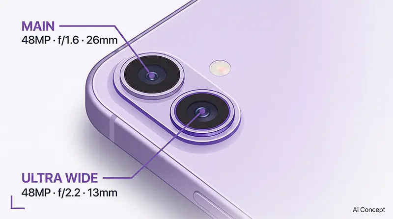Teilansicht der iPhone 17 Kamera: nur das untere 48-MP-Ultraweitwinkelobjektiv wird lavendelfarben hervorgehoben [AI Concept]