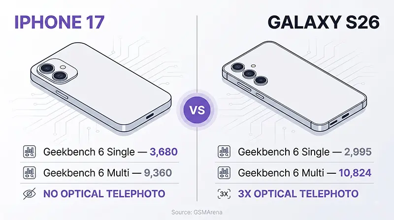 Gegenüberstellung von Geekbench-Werten und 3-fach-Zoom für iPhone 17 Kamera und Leistung gegenüber dem Galaxy S26
