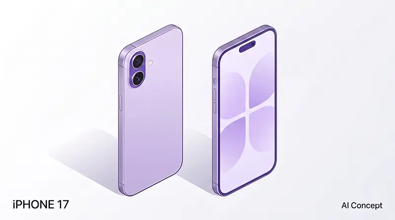 Isometrische Vektorillustration des lavendelfarbenen iPhone 17 mit Doppelkamera-Rückseite und schmalrandiger Frontansicht [AI Concept]