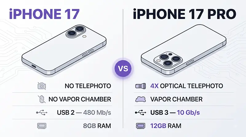 Geteilte Illustration zum iPhone 17 Pro Unterschied mit Tele, Kühlung, Übertragungsrate und RAM als vier Vergleichszeilen