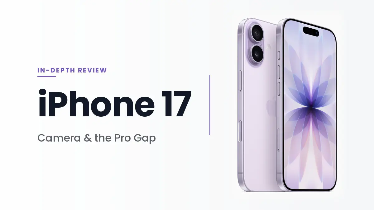 Review-Banner mit dem lavendelfarbenen iPhone 17: Rückseite mit Doppelkamera neben der Frontansicht mit aktivem Display
