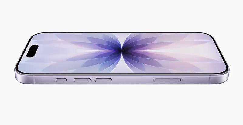 iPhone 17 technische Daten im Bild: flach liegendes Gerät mit aktivem Display, Aussparung oben und schmalen Rändern
