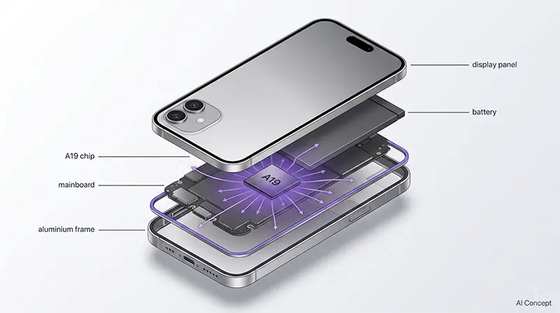 Explosionsdarstellung des iPhone 17 mit Pfeilen, die den Wärmefluss vom A19-Chip hinaus zum Aluminiumrahmen zeigen [AI Concept]