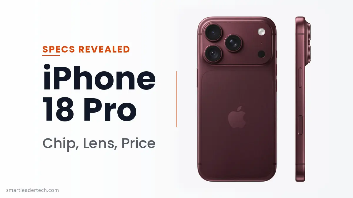 バーガンディのiPhone 18 Proの背面とカメラプラトー、側面プロファイルを並べ、左側に太い見出し文字を置いた明るい背景のメインバナー画像