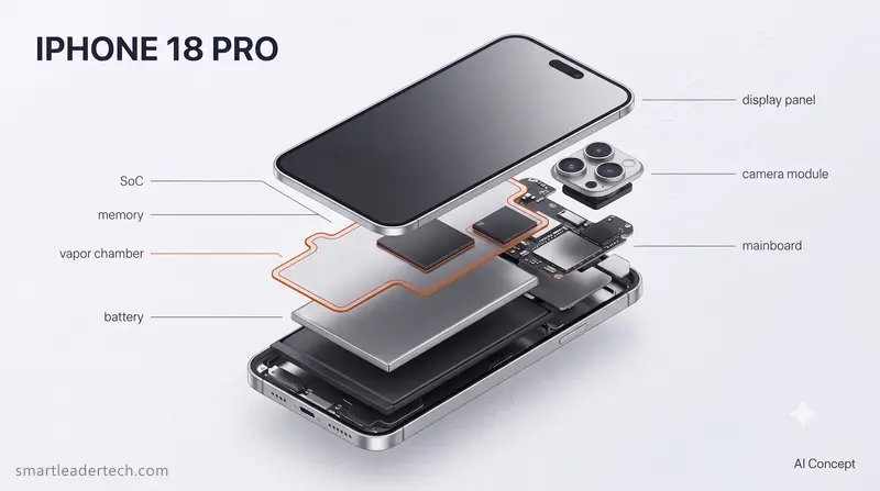iPhone 18 Proのスペックのうち放熱設計を示す分解図で、広がったベイパーチャンバーの下にプロセッサとメモリが並ぶ [AI Concept]