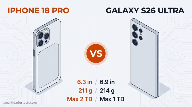 iPhone 18 Pro スペックをGalaxy S26 Ultraと左右に分け、画面サイズ、重さ、ストレージ上限を並べて比べたイラスト