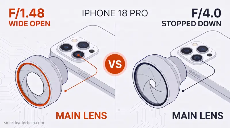 iPhone 18 Proの可変絞りの両端を左右に分け、6枚の羽根が大きく開いた状態と狭く絞った状態を対比したアイソメトリックイラスト