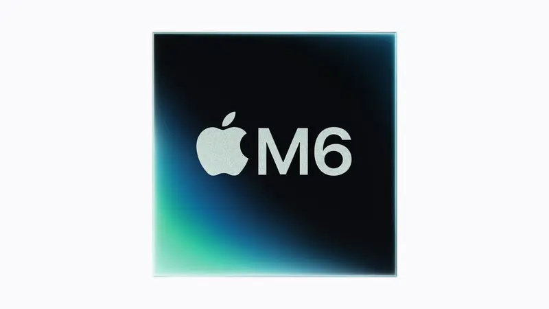 Gradient square chip die on a white backdrop with the M6 marking at its center, the new Mac mini M6 processor