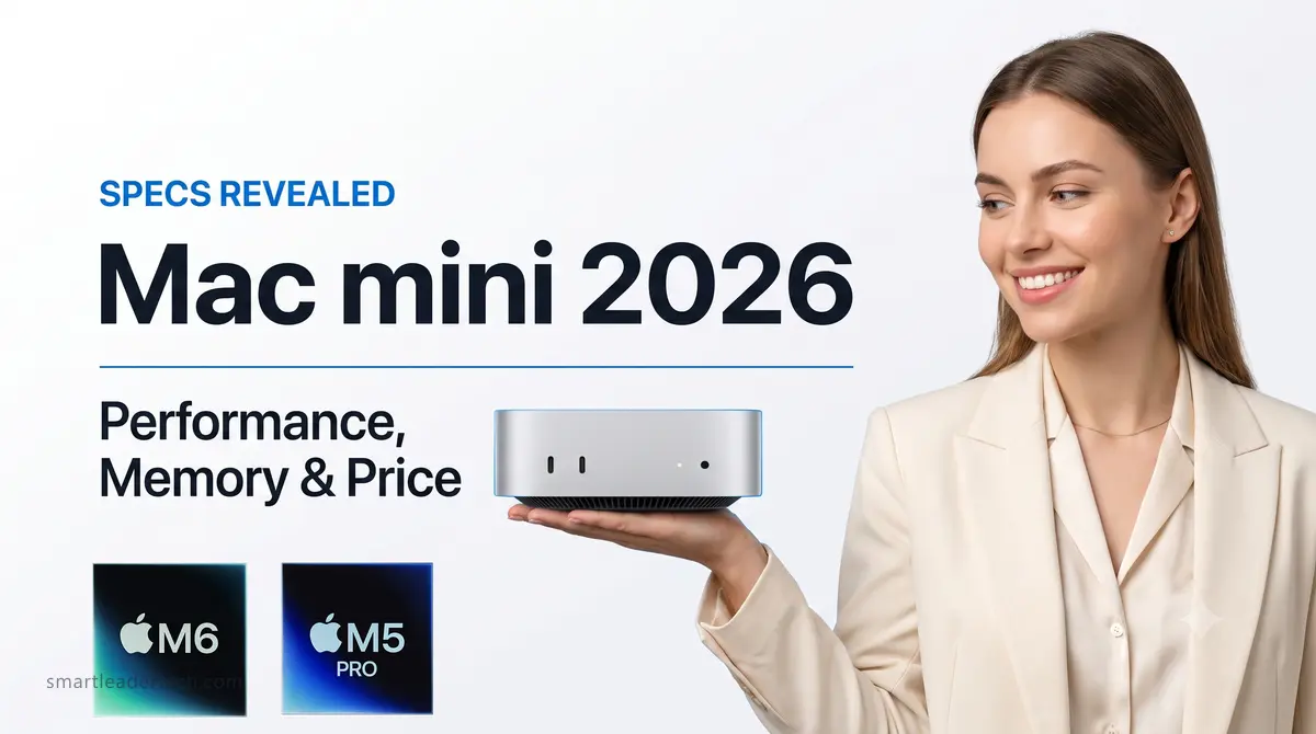 Wide key visual banner of the Mac mini M6 held on an open palm beside a bold headline and two chip badges
