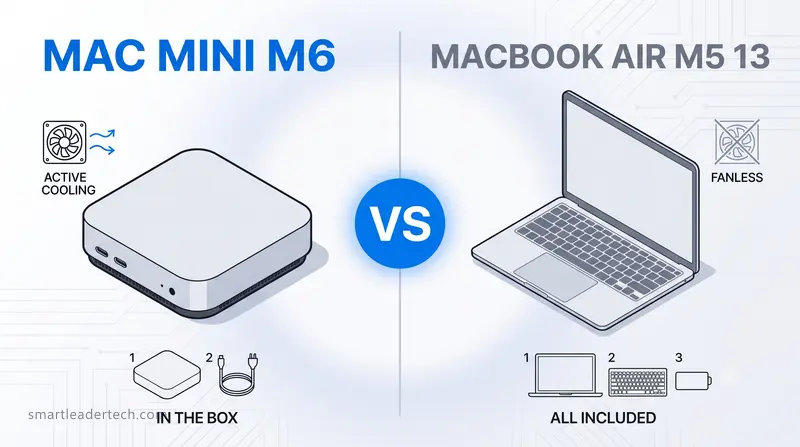 Isometric split panel with a VS badge, the desktop unit on the left and an open laptop on the right, Mac mini M6 price tiers
